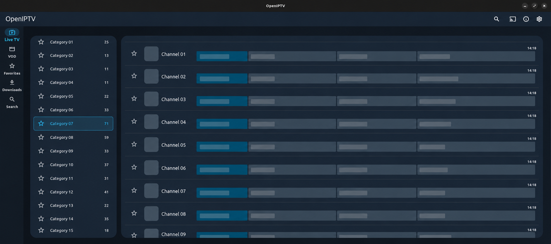 OpenIPTV live TV view with EPG timeline