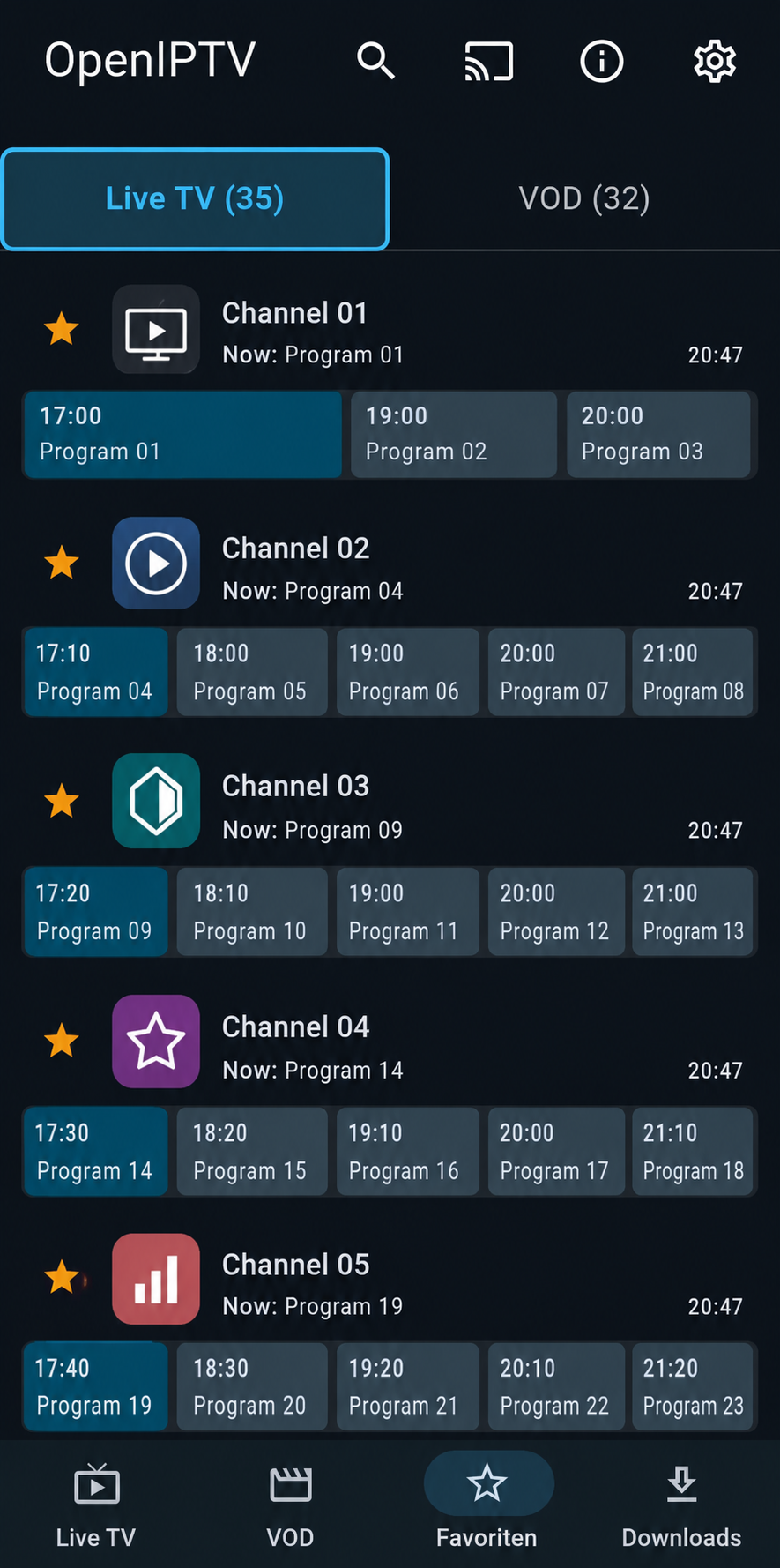 OpenIPTV favorites view with live TV entries